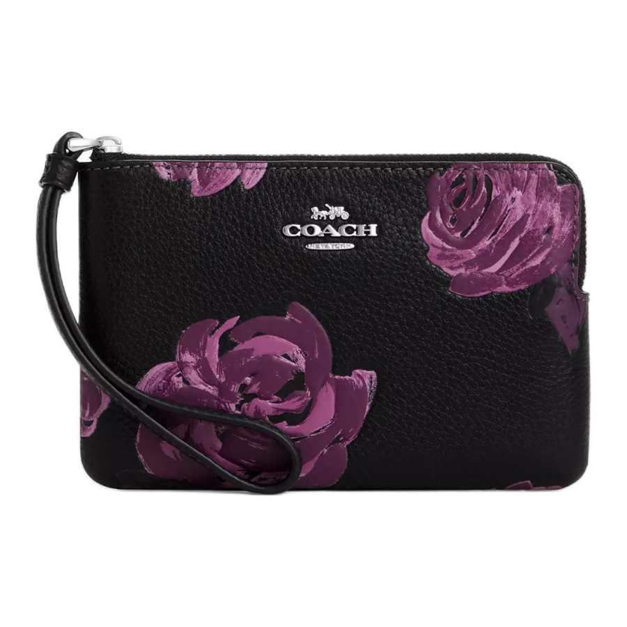 COACH COACH Corner Zip Refined Pebble Pattern Leather Clutch Women's Black & Pink