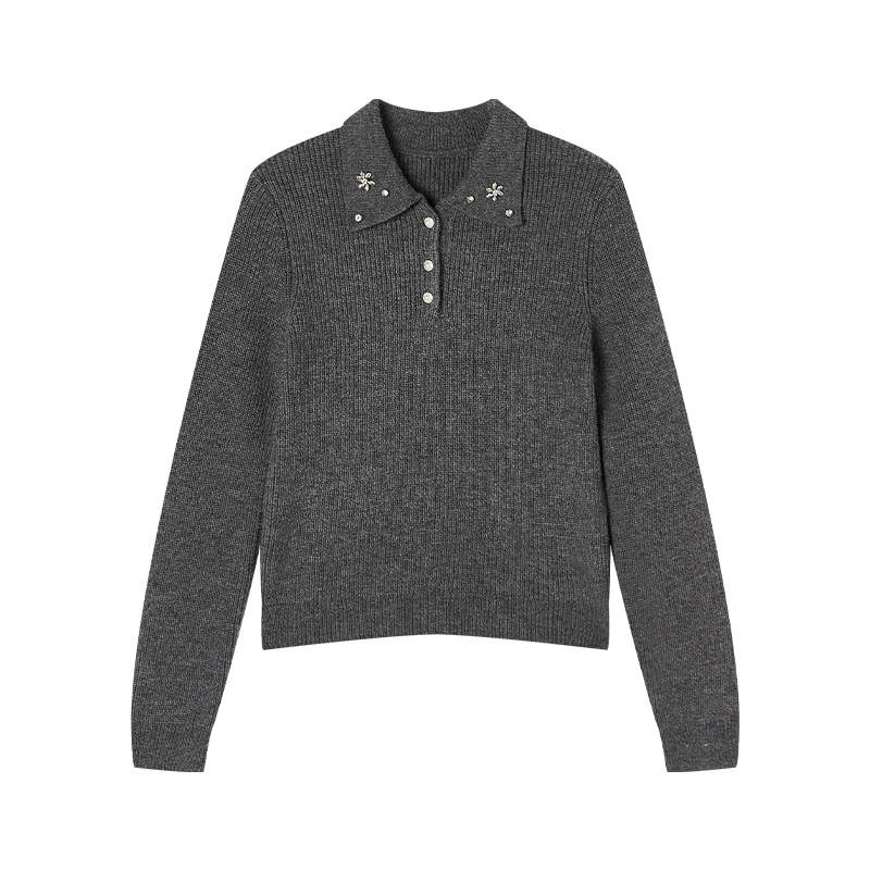 XIANGYING Knitwear Women's Dark Gray Polo Collar Moderate Base Layer