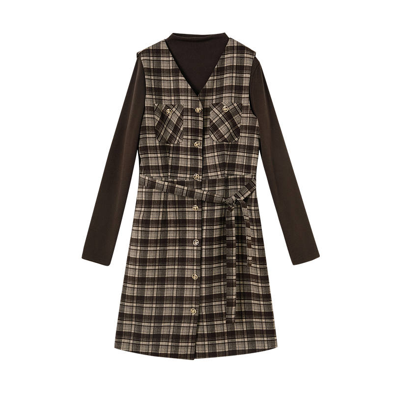 XIANGYING Two Piece Skirt Sets Women's Coffee Plaid Half Turtleneck Moderate Mid Length