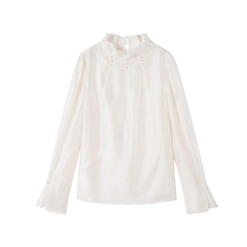 XIANGYING Chiffon Shirts Women's Heron White Stand Collar Thin Shirt