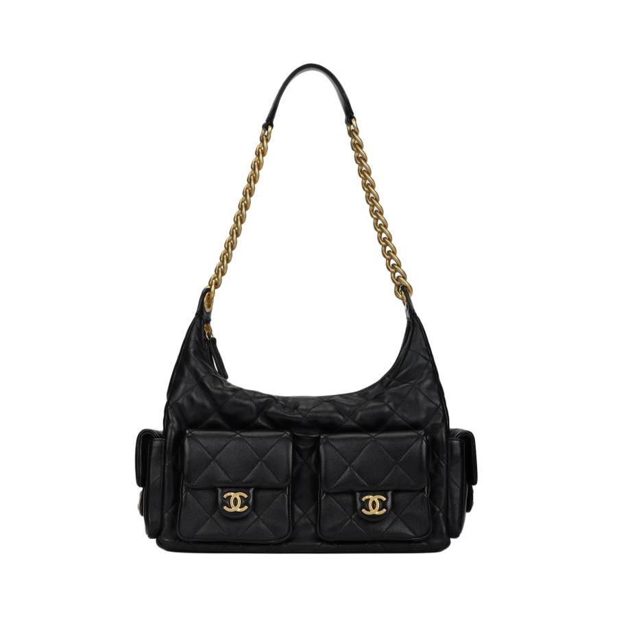 CHANEL 25C Sheepskin Material Gold Metal Hobo Bag Shoulder Bag Extra Large Women's Black