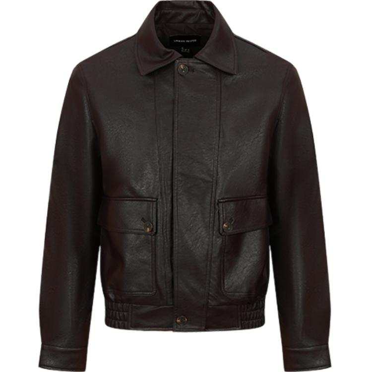 URBAN REVIVO Leather Jackets Men's Dark Red Brown Lapel Moderate Other