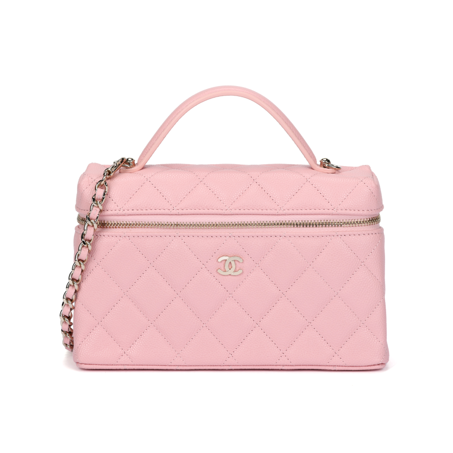 CHANEL Grain Cow Leather & Gold Metal Portable Makeup Bag Women's Light Pink