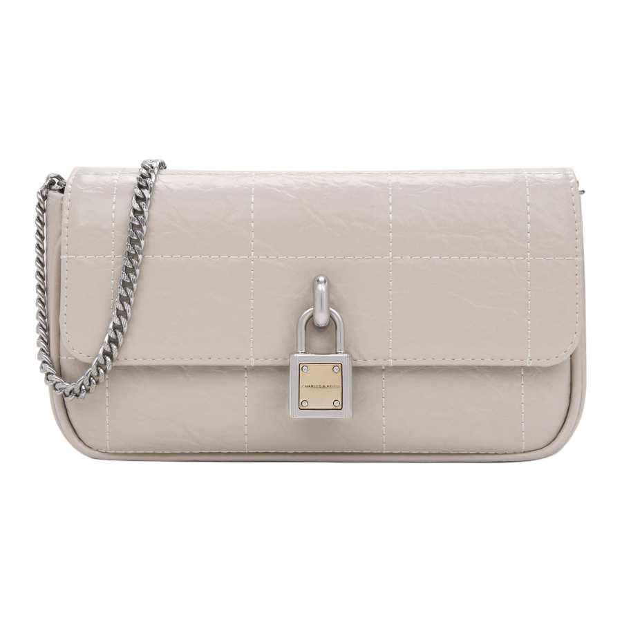CHARLES&KEITH Polyurethane Synthetic Leather Shoulder Bag, Crossbody Bag Small Women's Noir Black/Oat Milk