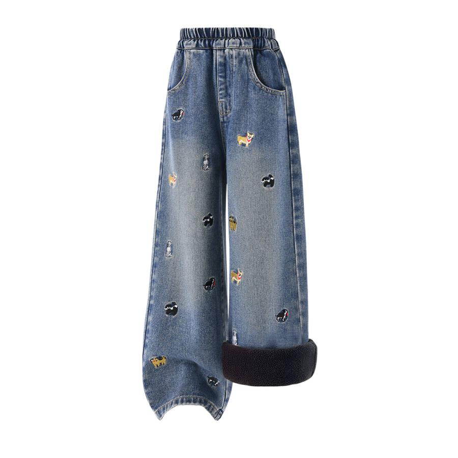 Disney Jeans Kids' Thickened And Fleece Lined Puppy Embroidery Pants For Fall And Winter