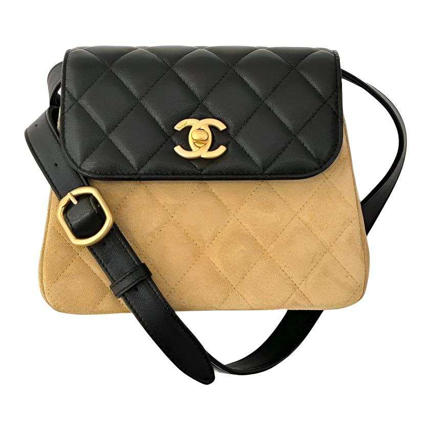 CHANEL Suede Material Gold Metal Handheld Shoulder Bag Women's Black Beige