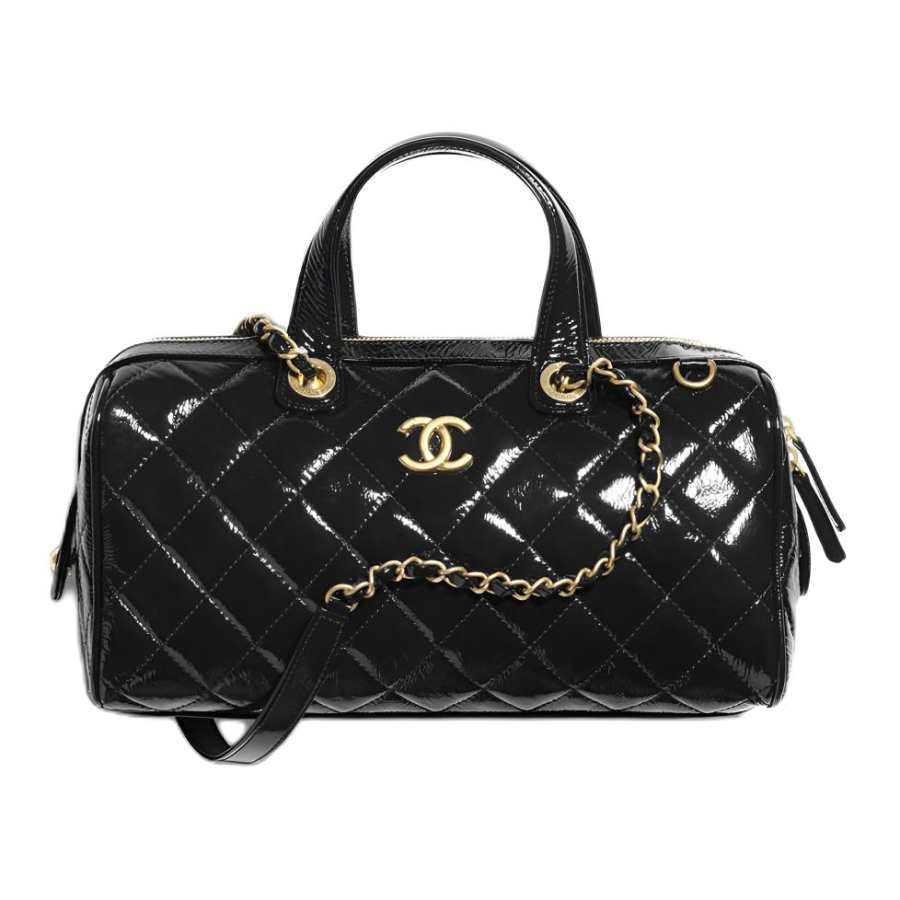 CHANEL Lacquered Finish Pleated Calfskin & Gold Metal Bowling Bag, Shoulder Bag, Handbag Large Women's Black
