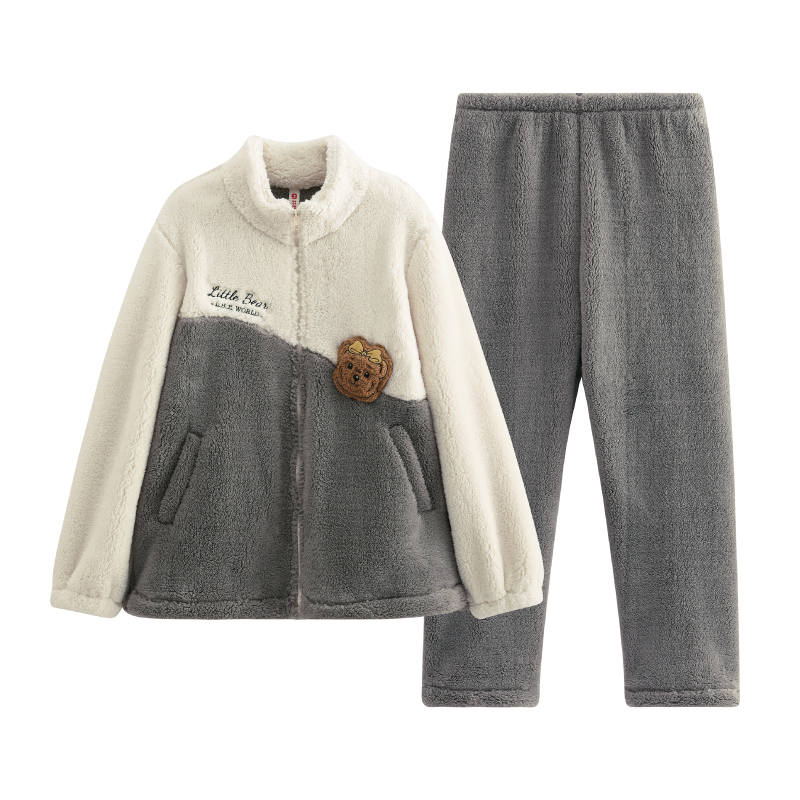 FENTENG Couple Fall Winter Coral Fleece Stand Collar Thickened And Fleece Lined Warm Women's Loungewear Pajama Set