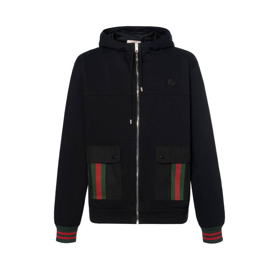GUCCI Cotton Jersey Hooded Jacket With Web