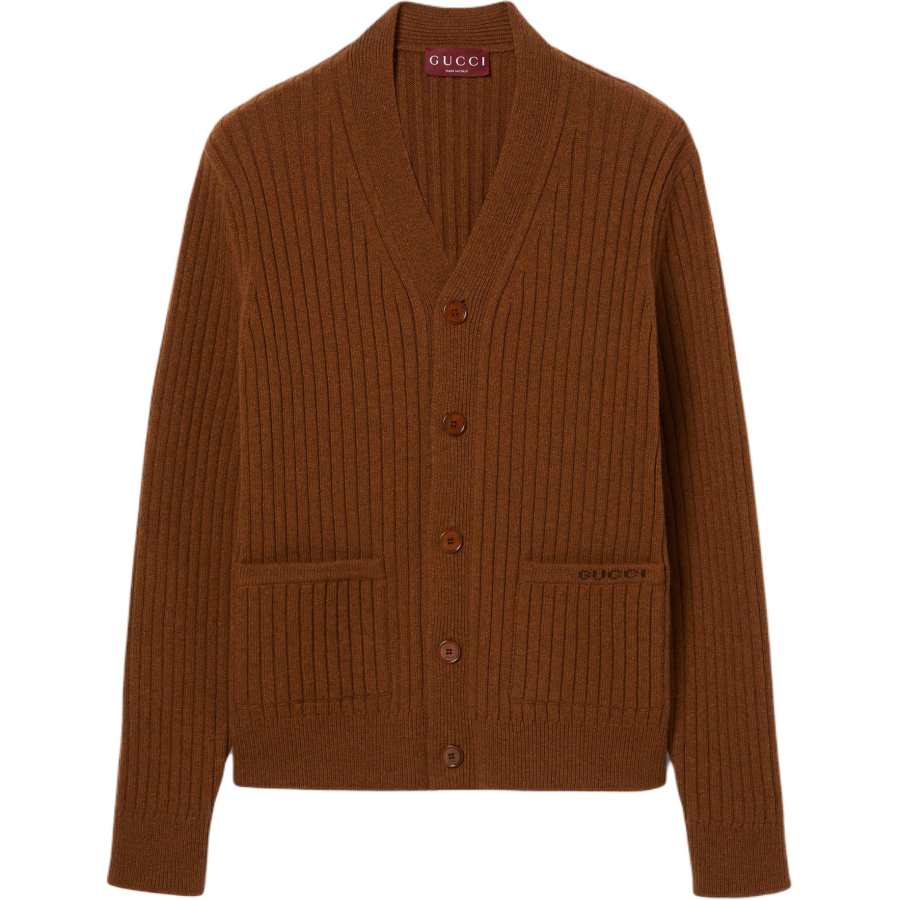 GUCCI Sweaters Men's Brown V Neck Moderate Cardigan