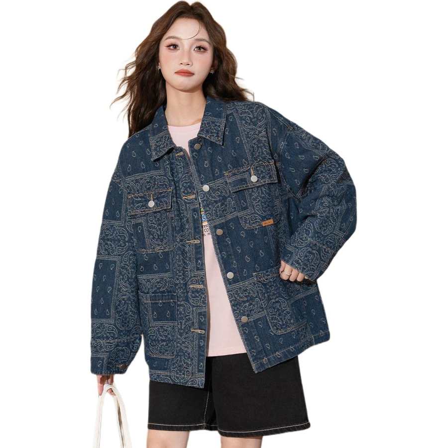 Tonlion Denim Jackets Women's Dark Blue Lapel Moderate Straight Fit