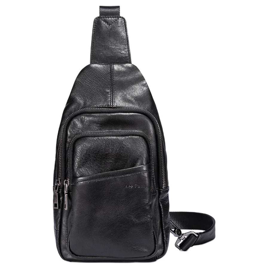 Ace Paul Top Grain Cow Leather Sling Bag Medium Unisex Black