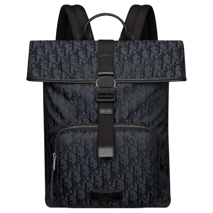 DIOR OBLIQUE Technical Fabric With Cotton With Cow Leather Nylon Backpack Men's Black