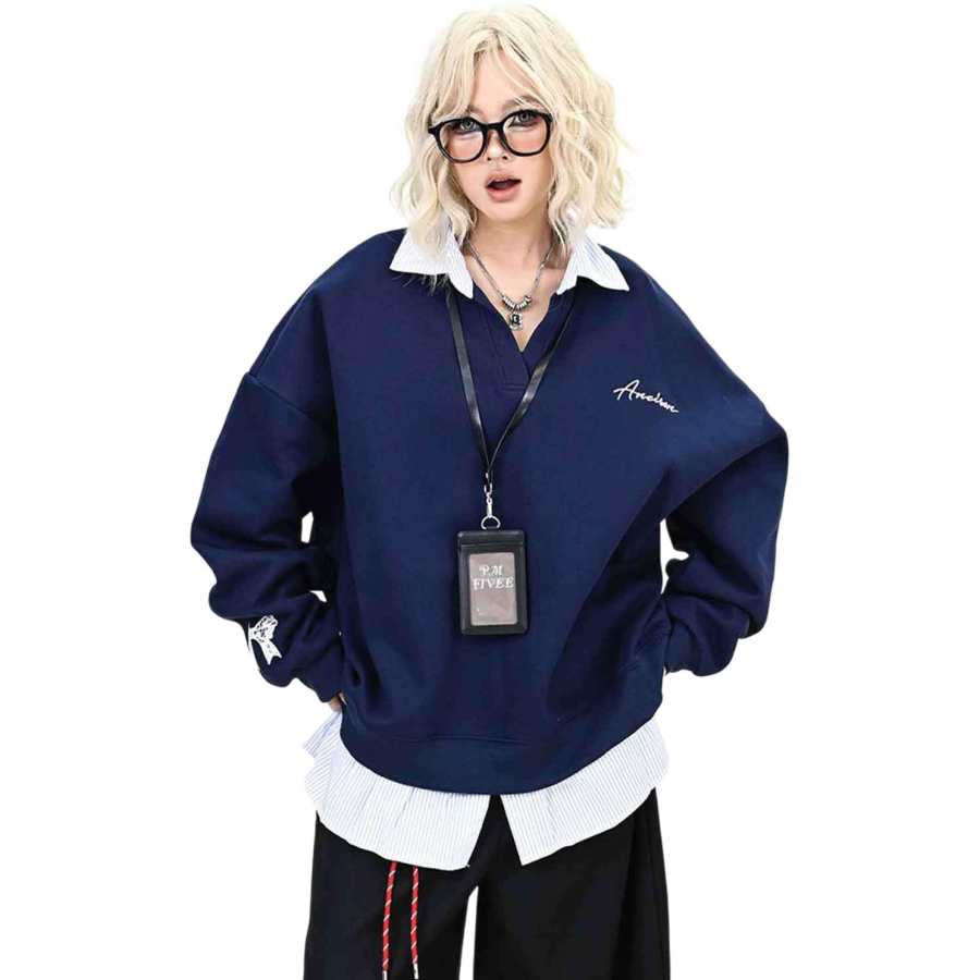 NEVER RULE Sweatshirts Unisex Shirt Collar Moderate Mock Two Piece