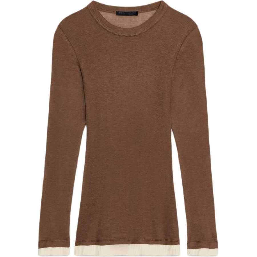 ZARA T Shirts Women's Brown Crew Neck Moderate Straight Fit