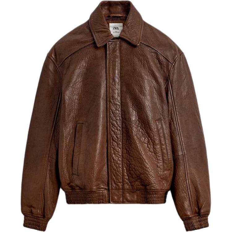 ZARA Leather Jackets Men's Brandy Color Lapel Moderate