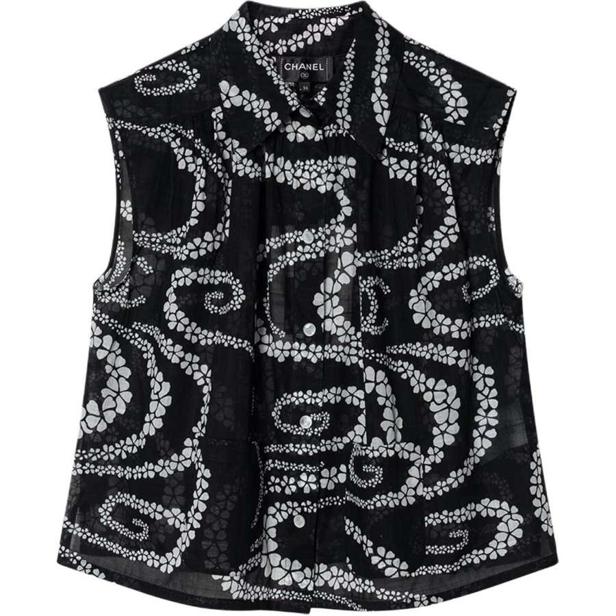CHANEL Shirts Women's Black/White Lapel Moderate Straight Fit