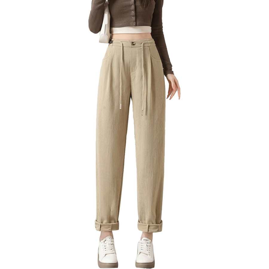 Tonlion Casual Pants Women's Apricot Moderate Straight Fit Pants