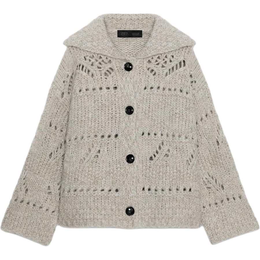 ZARA Knitwear Women's Beige Lapel Moderate Cardigan