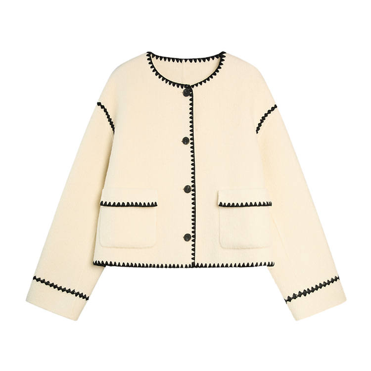 ELLE Coats Women's Ecru Collarless Moderate Straight Fit