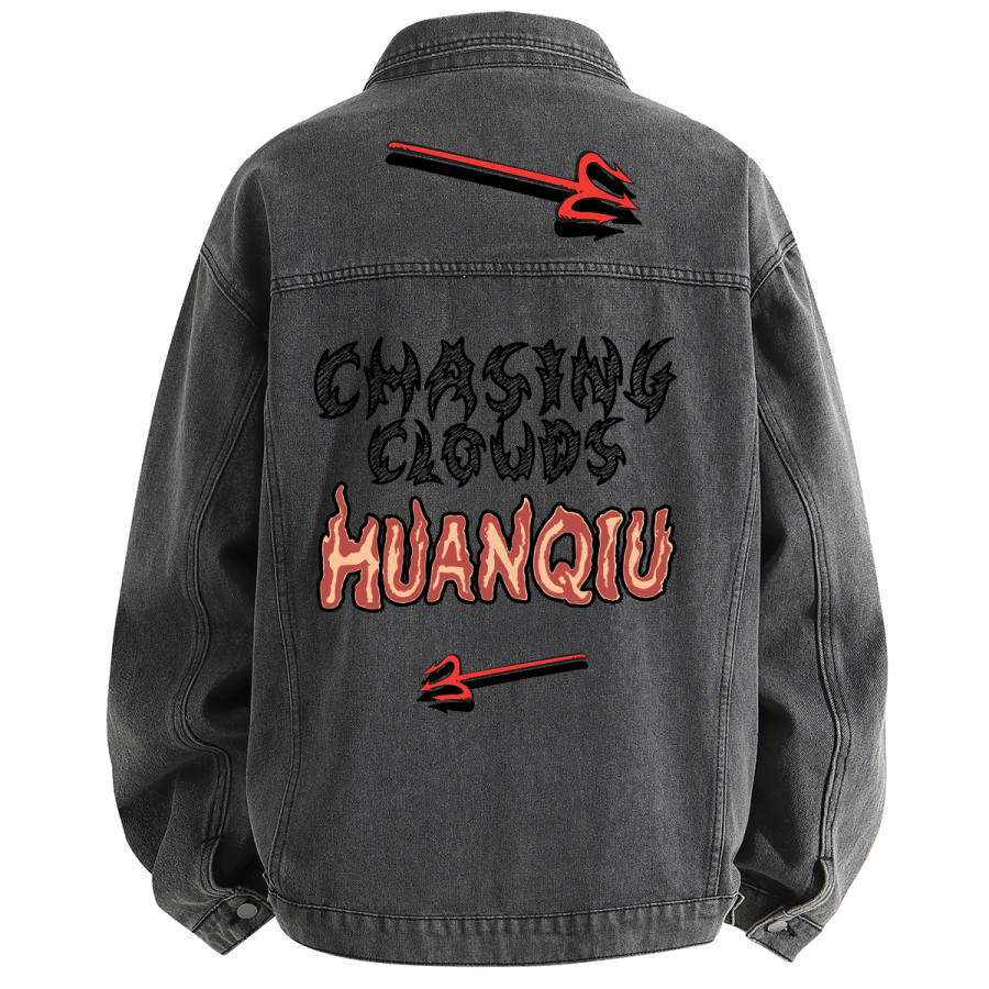 HUANQIU Denim Jackets Unisex Lapel Moderate Print