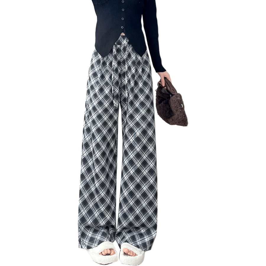 Tonlion Casual Pants Women's Beige Black Plaid Moderate Wide Leg Pants