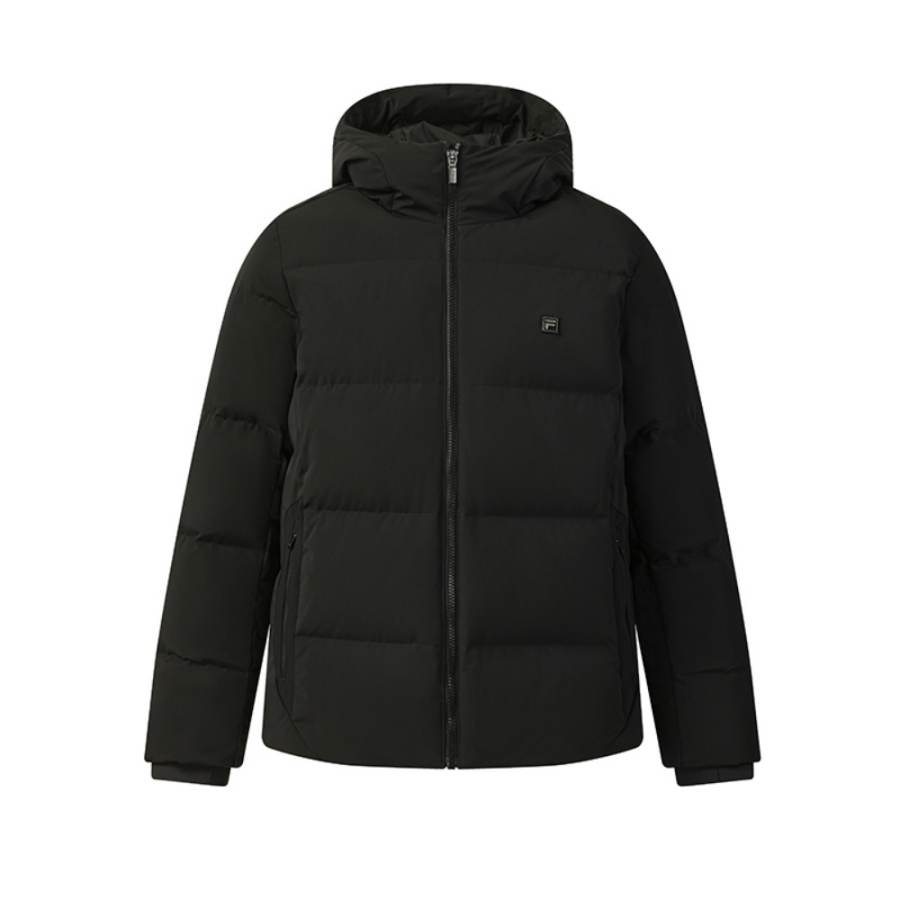 FILA WHITE Down Jackets Men's Jet Black Hooded Moderate Puffer Jacket