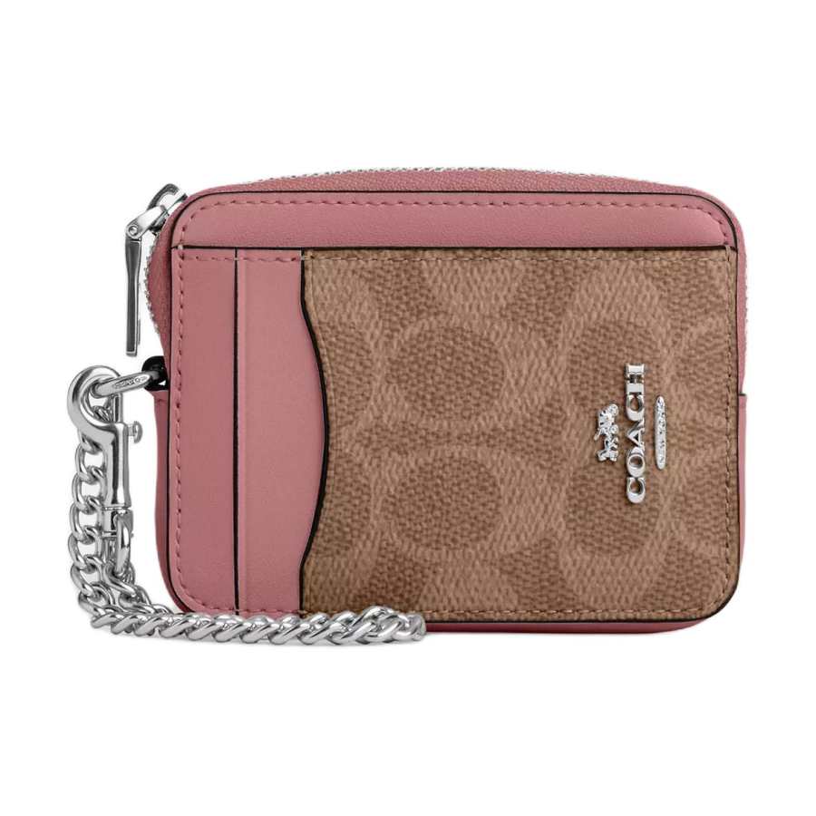 COACH CANVAS Signature Coated Canvas, Artificial Leather Card Holder Mini Women's Pink