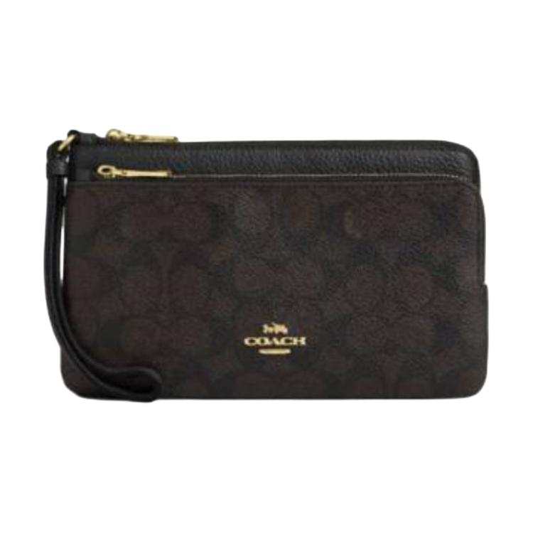 COACH Double Zip Wallet Coated Canvas With Leather Wallet Regular Women's Black