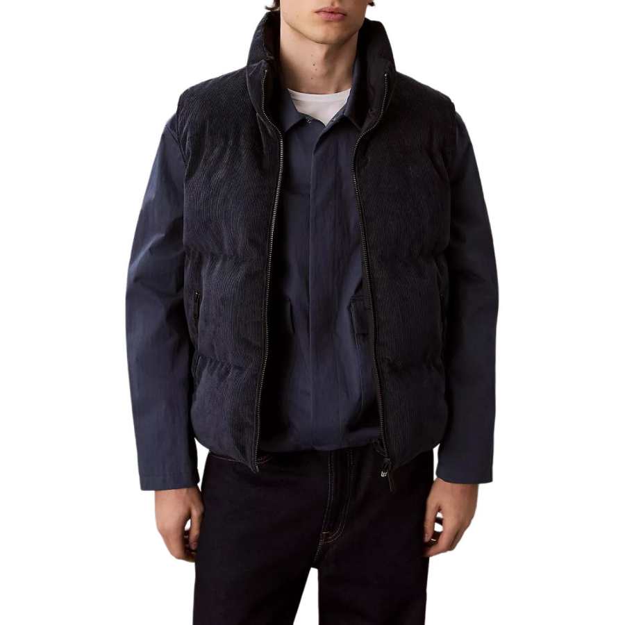 Calvin Klein Down Vests Men's Dark Blue Gemstone Stand Collar Moderate Reversible