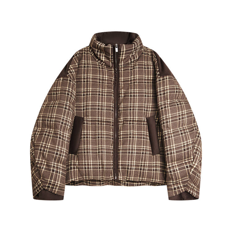 ELLE Down Jackets Women's Coffee Plaid Stand Collar