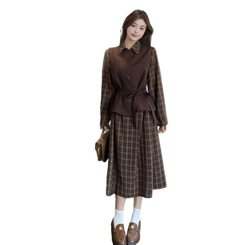 SIXUSICHOU Two Piece Skirt Sets Women's Polo Collar Moderate Mid Length