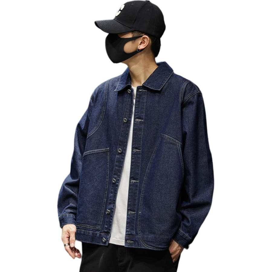 Tonlion Denim Jackets Unisex Dark Blue Lapel Moderate Straight Fit