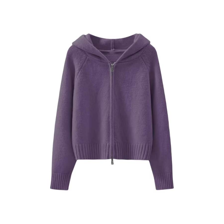 SIXUSICHOU Knitwear Women's Purple Hooded Moderate Cardigan