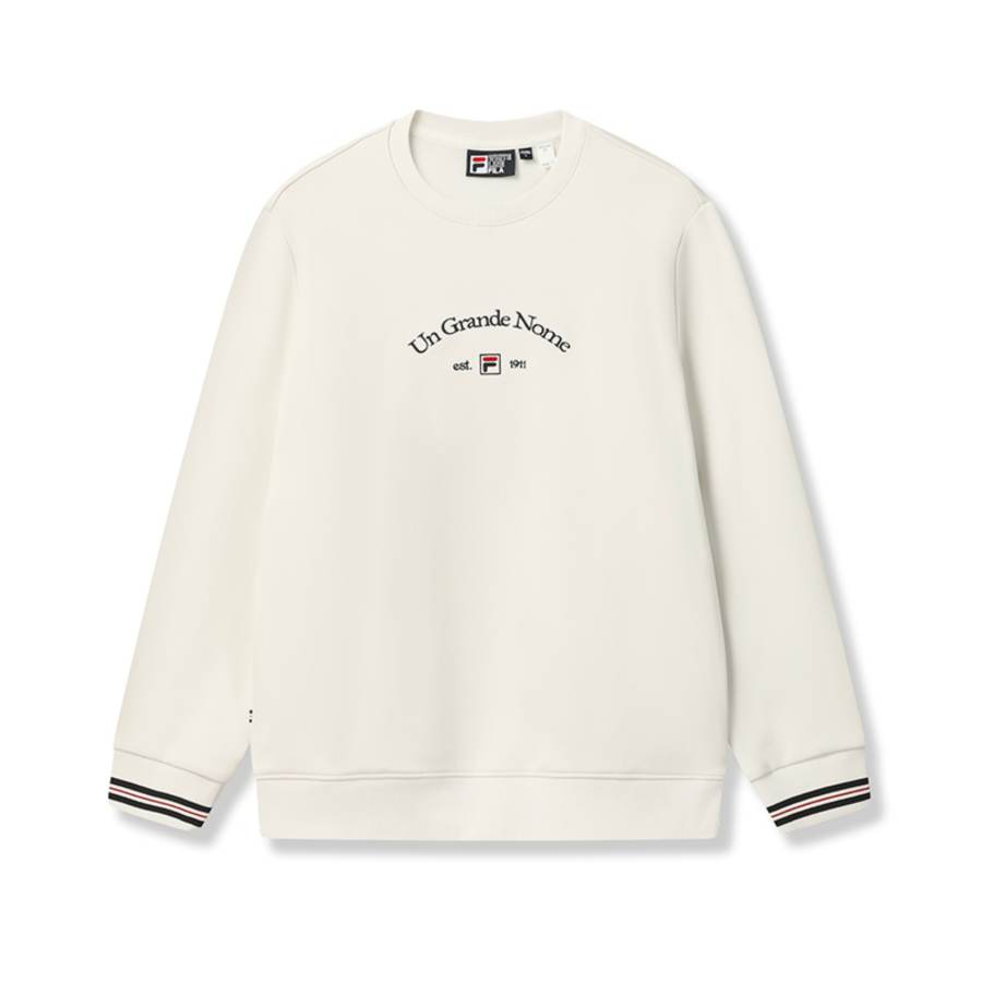 FILA Heritage Fashion Classic Trendy Comfortable Casual Versatile Fleece Lined Thermal Pullover Sweatshirt Men's White