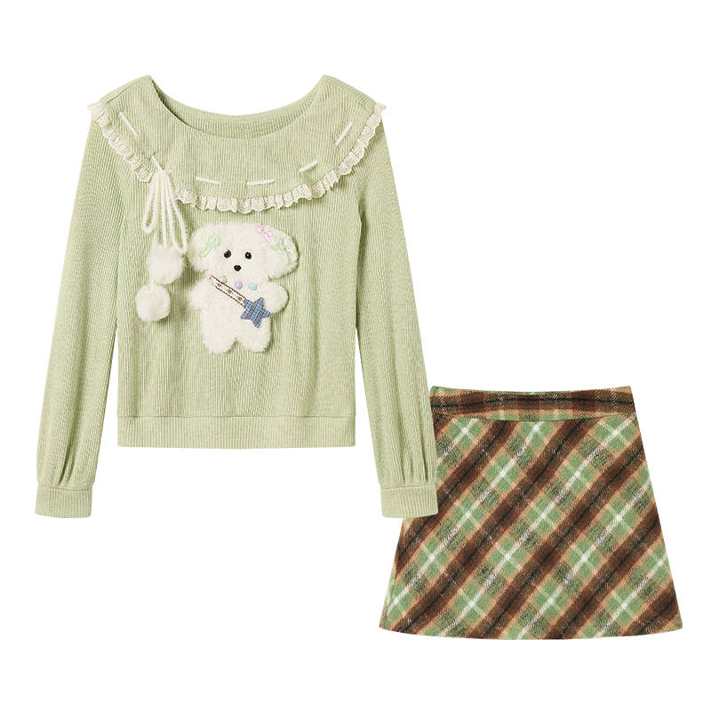 FABRIC PIG Two Piece Skirt Sets Women's Light Green Top+Short Skirt Crew Neck Moderate Short