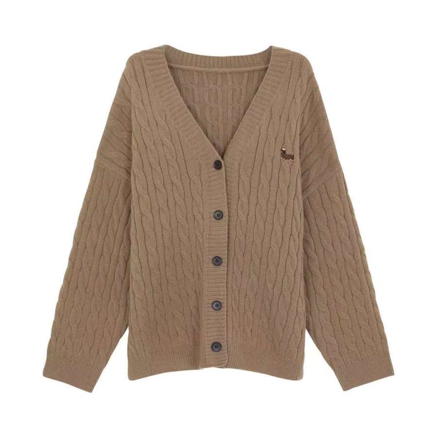 SIXUSICHOU Knitwear Women's Khaki V Neck Moderate Cardigan