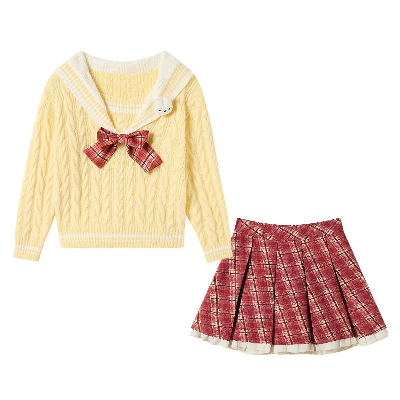 FABRIC PIG Two Piece Skirt Sets Women's Yellow Sweater+Red Short Skirt+Comes With Free Rabbit Pin+Bowknot Navy Collar Moderate Short