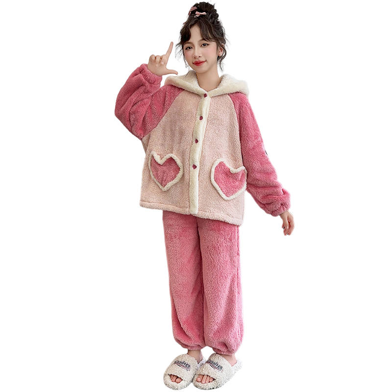 Lanza Loungewear Set Winter Fleece Lined Thermal Multicolor Pajama Set Pink Teenagers
