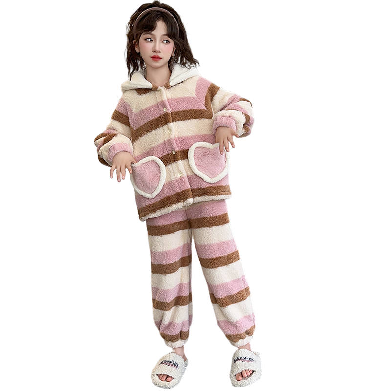 Lanza Loungewear Set Winter Fleece Lined Thermal Heart Pajama Set Stripes Teenagers