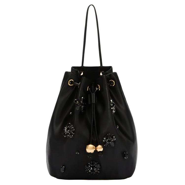 Furla Fabric With Sheepskin Bucket Bag Handbag Mini Women's Black