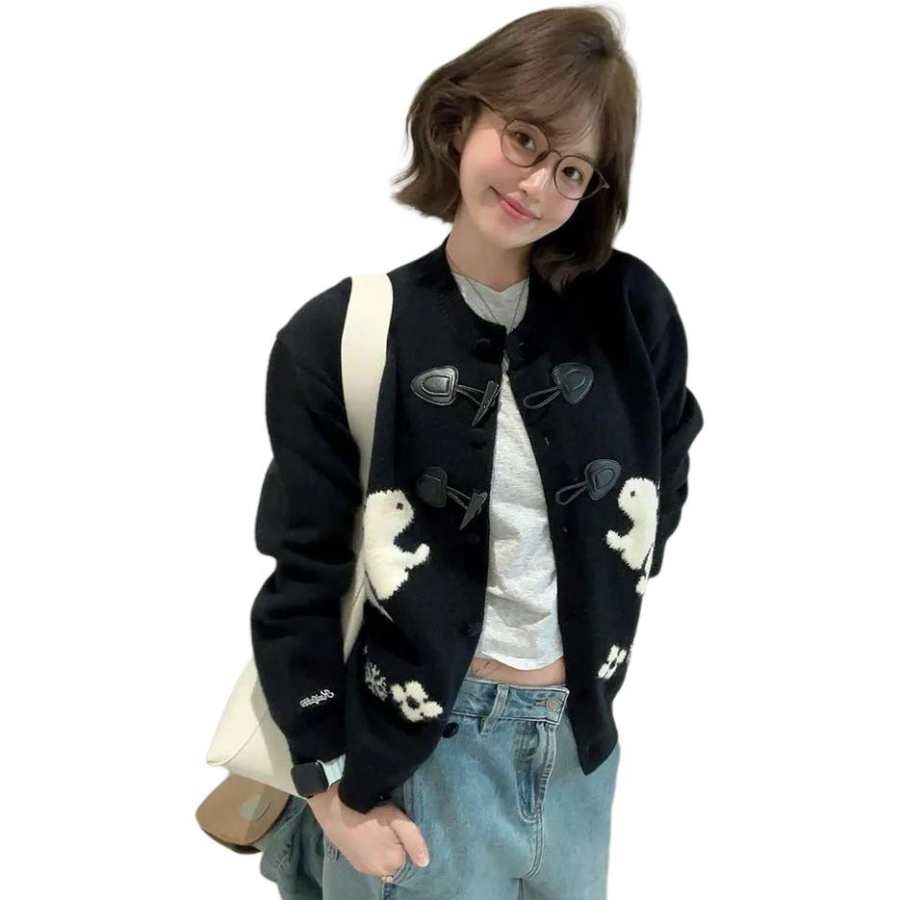 SIXUSICHOU Knitwear Women's Black Crew Neck Moderate Cardigan