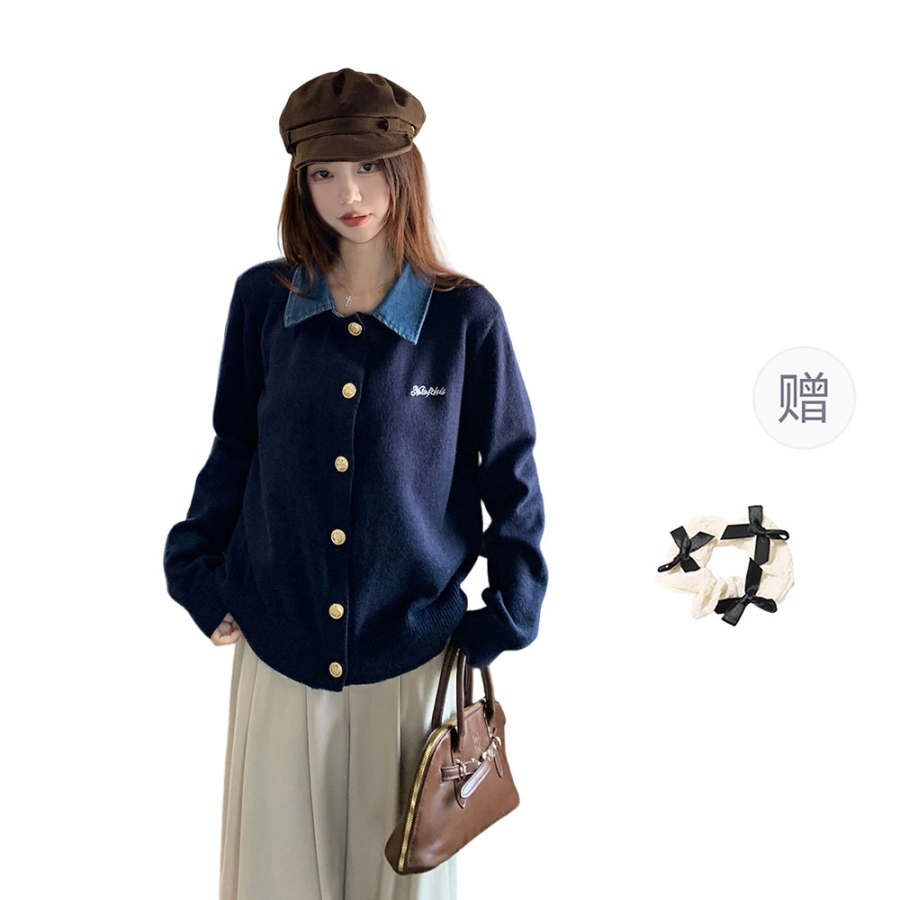 CPAURA Knitwear Women's Blue+Hair Tie Comes With Lapel Moderate Cardigan