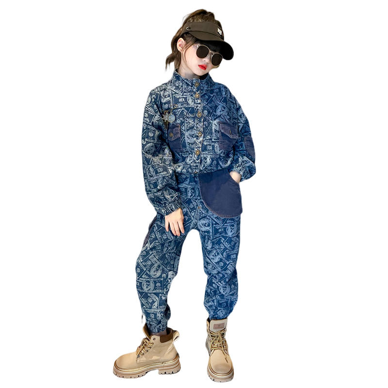 Lanza Casual Sportswear Winter Fleece Lined Fashion Denim Jacquard Two Piece Set Teenagers
