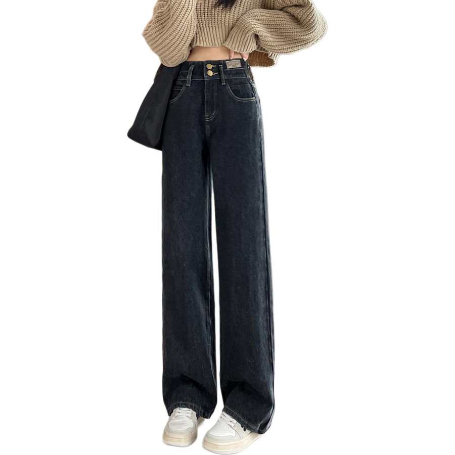 Tonlion Jeans Women's Black Thickened And Fleece Lined Wide Leg Pants