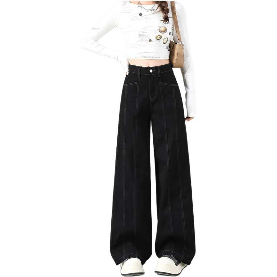 Tonlion Casual Pants Women's Black Thickened And Fleece Lined Wide Leg Pants