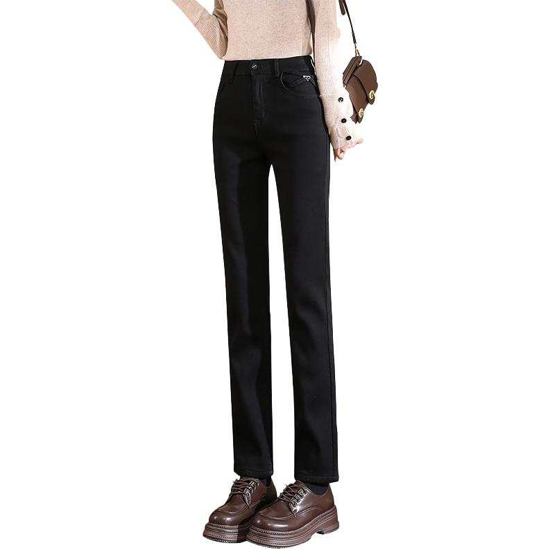 Tonlion Jeans Women's Black Thickened And Fleece Lined Straight Fit Pants