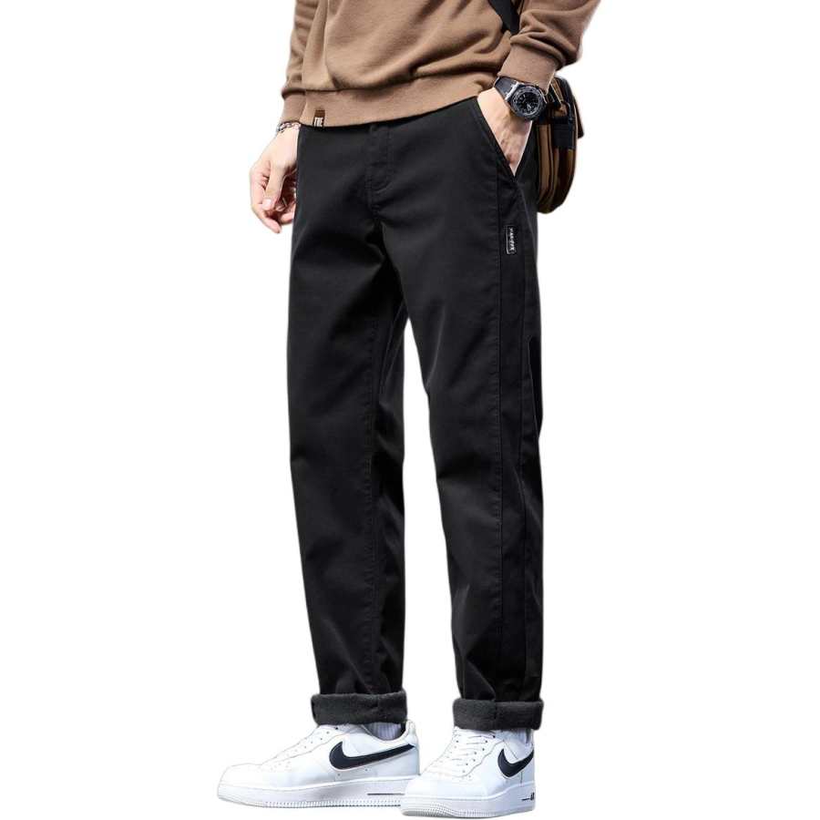 Tonlion Casual Pants Unisex Black Thickened And Fleece Lined Straight Fit Pants
