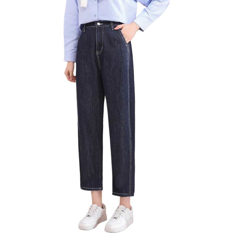 Tonlion Jeans Women's Dark Blue Thickened And Fleece Lined Straight Fit Pants