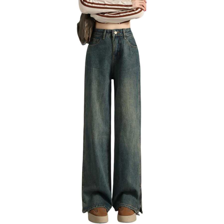 Tonlion Jeans Women's Vintage Blue Thickened And Fleece Lined Wide Leg Pants